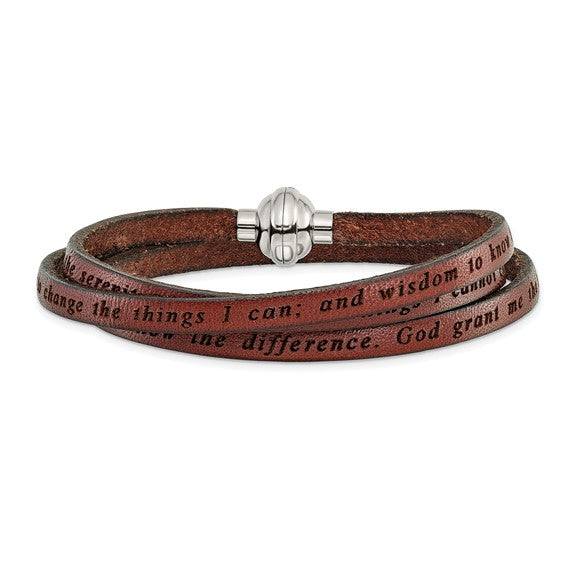 LS - Stainless Steel Serenity Prayer Brown Leather Wrap with Magnetic Clasp 23.5 Inch Bracelet