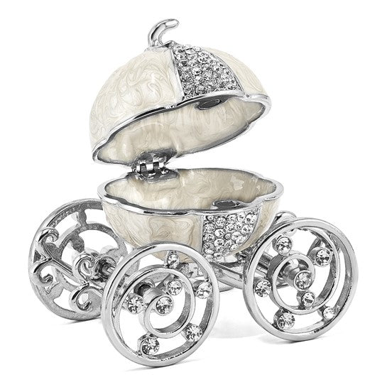 LS - Luxury Giftware Pewter Bejeweled Crystals Silver-tone Enameled EVER AFTER Pumpkin Coach with Ring Pad Trinket Box with Matching 18 Inch Necklace