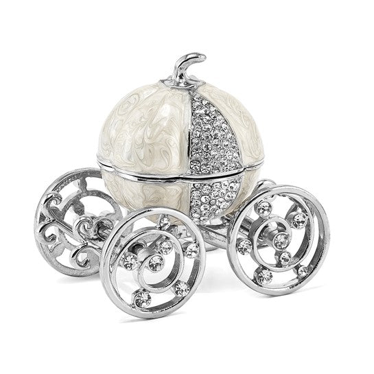 LS - Luxury Giftware Pewter Bejeweled Crystals Silver-tone Enameled EVER AFTER Pumpkin Coach with Ring Pad Trinket Box with Matching 18 Inch Necklace