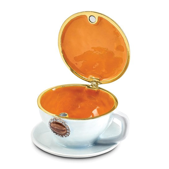 LS - Luxury Giftware Pewter Bejeweled Crystals Gold-tone Enameled CAFÉ Coffee Cup Trinket Box with Matching 18 Inch Necklace