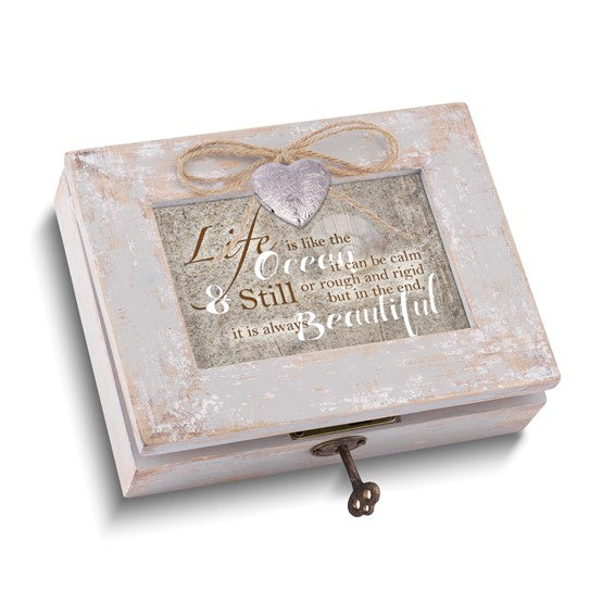 LS - Life Like the Ocean Distressed Finish 4x6 Sentiment Frame (Plays Wonderful World) Locking Heart Locket Wooden Music Box