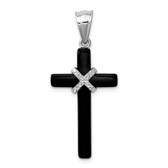 DS - Sterling Silver Rhodium-plated Genuine Onyx Cross Pendant