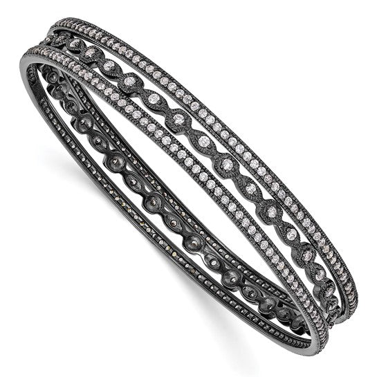 JF - Sterling Silver Black-plated CZ Three Bangle Set