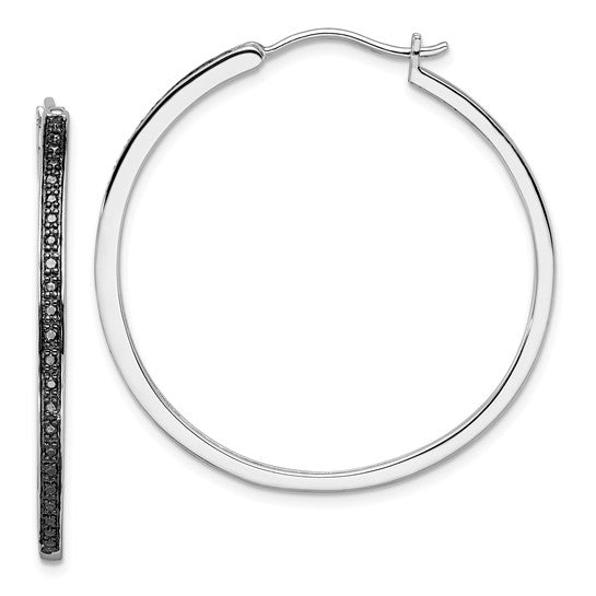 DS - Sterling Silver Rhodium-plated Black Diamond Hoop Earrings