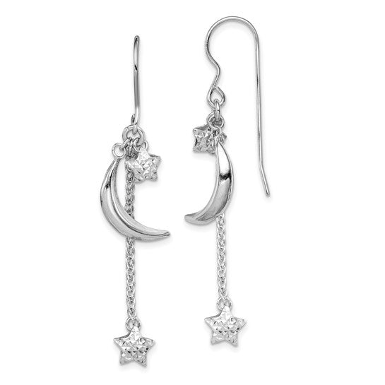 LS - Sterling Silver Rhodium-plated D/C Puffed Star and Moon Earrings