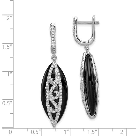 JF - Sterling Silver Rhodium-plated CZ and Genuine Onyx Hinged Hoop Earrings