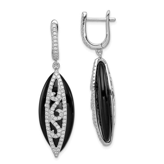 JF - Sterling Silver Rhodium-plated CZ and Genuine Onyx Hinged Hoop Earrings