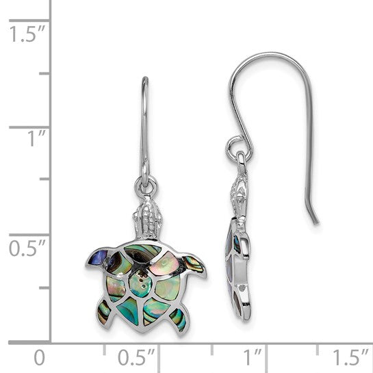 LS - Sterling Silver Rhodium-plated Polished Abalone Turtle Dangle Earrings