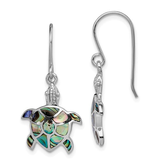 LS - Sterling Silver Rhodium-plated Polished Abalone Turtle Dangle Earrings