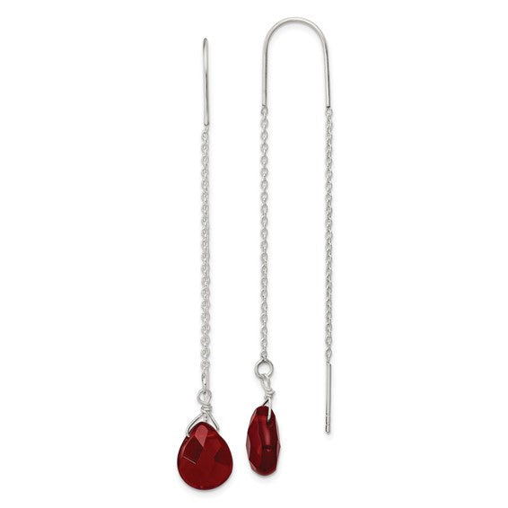 DS - Sterling Silver Polished Faceted Crystal Teardrop Threader Earrings