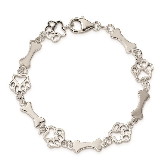 LS - Sterling Silver Dog Bones and Paws Bracelet 7.5 inch