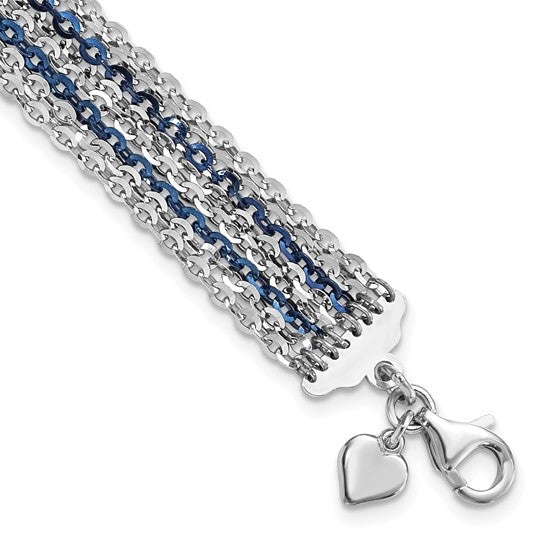 JF - Sterling Silver Rhodium and Blue, Red or Green-Plated Multi-Strand Chain Bracelet 7.5 inch