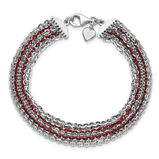 JF - Sterling Silver Rhodium and Blue, Red or Green-Plated Multi-Strand Chain Bracelet 7.5 inch