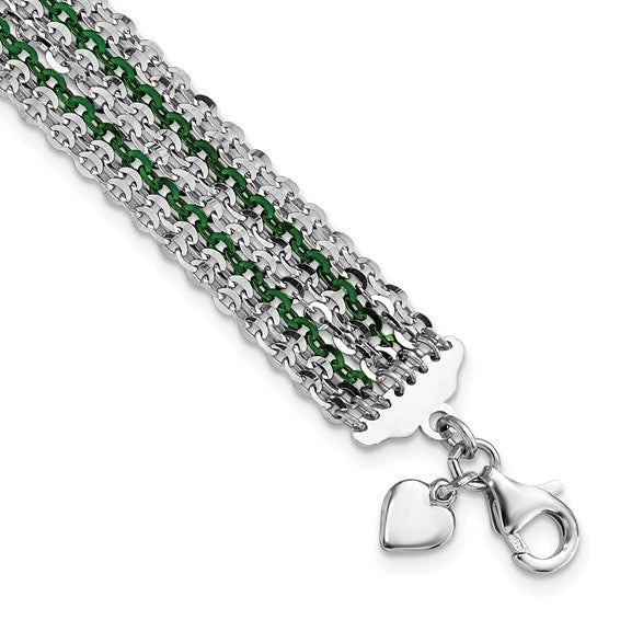 JF - Sterling Silver Rhodium and Blue, Red or Green-Plated Multi-Strand Chain Bracelet 7.5 inch