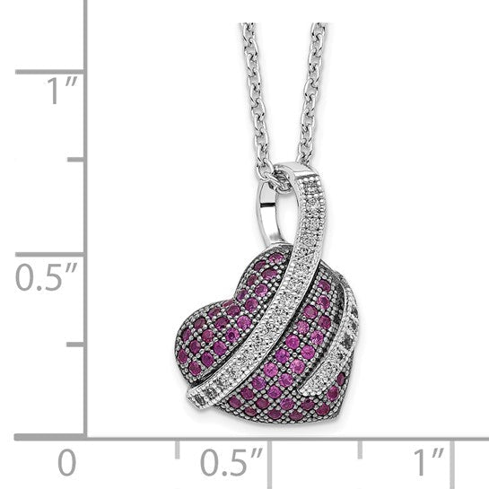 LS - Sterling Silver Rhodium-plated 68 Stone 18 inch Micro Pavé Pink and White CZ Heart Necklace with 2 Inch Extender