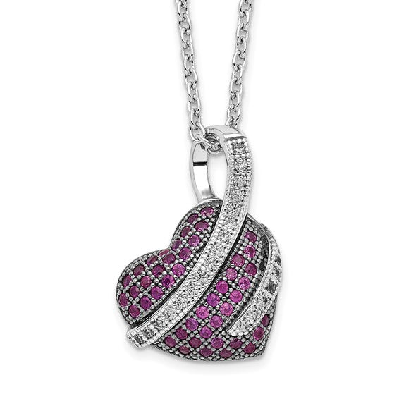 LS - Sterling Silver Rhodium-plated 68 Stone 18 inch Micro Pavé Pink and White CZ Heart Necklace with 2 Inch Extender