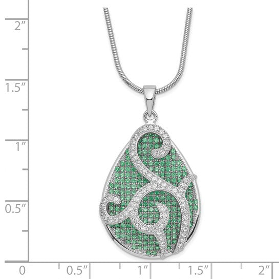 JF - Sterling Silver Rhodium-plated Green and Clear CZ Teardrop with 2in ext Necklace with Magnetic Clasp