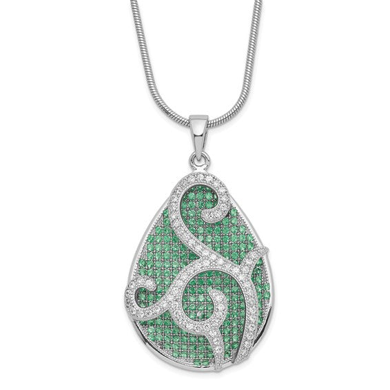 JF - Sterling Silver Rhodium-plated Green and Clear CZ Teardrop with 2in ext Necklace with Magnetic Clasp