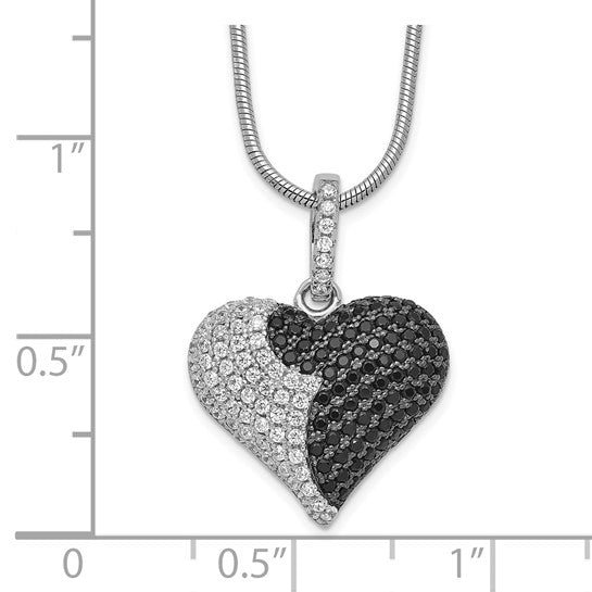 LS - Sterling Silver Rhodium-plated 150 Stone 18 inch Micro Pavé Black and White CZ Heart Necklace with 2 Inch Extender