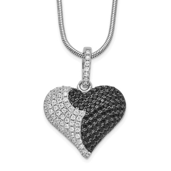 LS - Sterling Silver Rhodium-plated 150 Stone 18 inch Micro Pavé Black and White CZ Heart Necklace with 2 Inch Extender