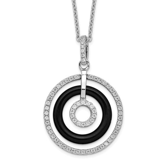 DS - Sterling Silver Rhodium-plated 66 Stone 18 inch Micro Pavé CZ and Onyx Circles Necklace with 2 Inch Extender