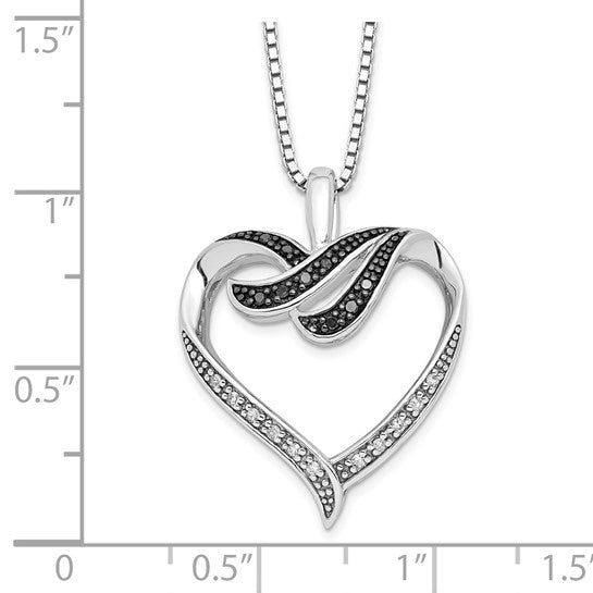 LS - Sterling Silver Rhodium-plated Black and White Diamond Heart 18 Inch Necklace with 2 Inch Extender