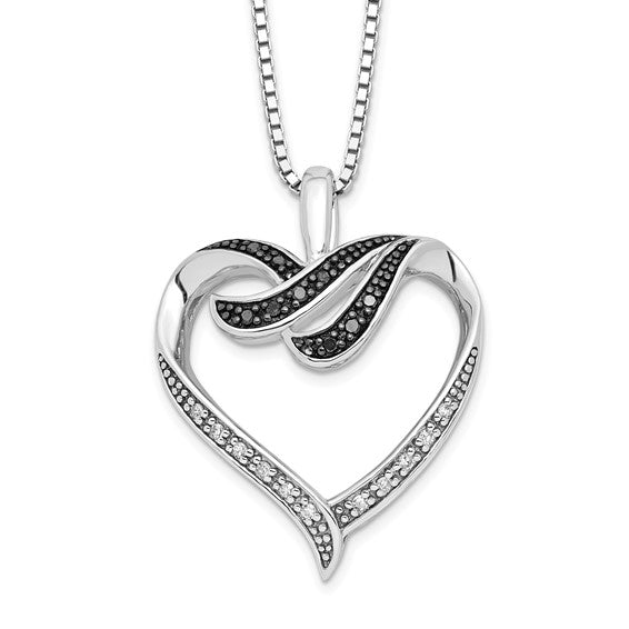 LS - Sterling Silver Rhodium-plated Black and White Diamond Heart 18 Inch Necklace with 2 Inch Extender