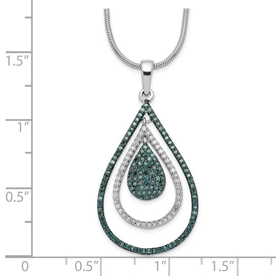 Sterling Silver Rhodium-plated 1/2 Carat Genuine Blue and White Diamond Teardrop 18 Inch Necklace with 2 Inch Extender and magnetic clasp