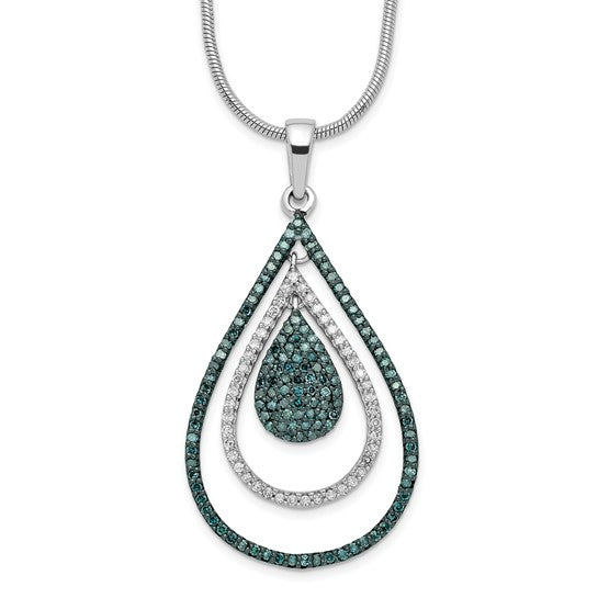 Sterling Silver Rhodium-plated 1/2 Carat Genuine Blue and White Diamond Teardrop 18 Inch Necklace with 2 Inch Extender and magnetic clasp