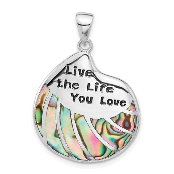 LS - Sterling Silver Rhodium-plated Abalone LIVE THE LIFE YOU LOVE Pendant