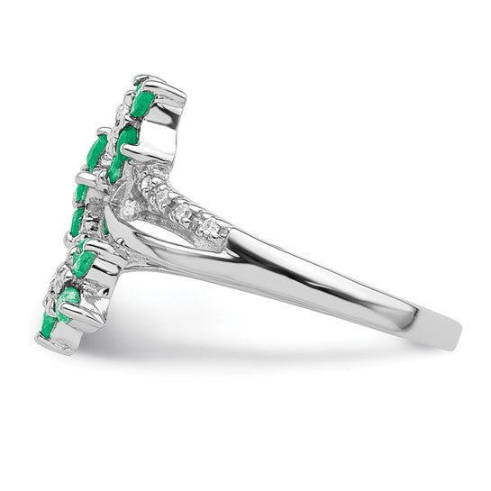 DS - Sterling Silver Rhodium-plated 3 Flower Ruby, Emerald or Sapphire and Diamond Ring