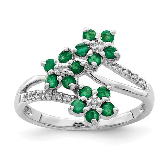 DS - Sterling Silver Rhodium-plated 3 Flower Ruby, Emerald or Sapphire and Diamond Ring