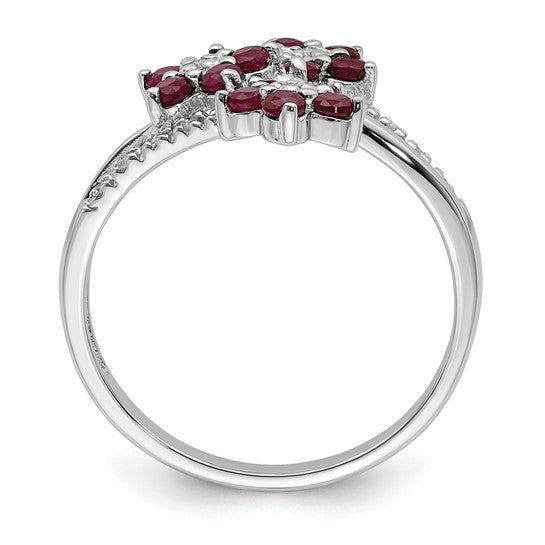 DS - Sterling Silver Rhodium-plated 3 Flower Ruby, Emerald or Sapphire and Diamond Ring