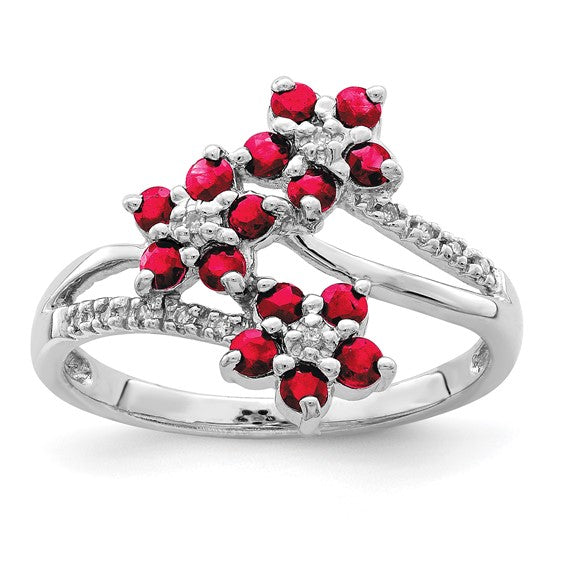 DS - Sterling Silver Rhodium-plated 3 Flower Ruby, Emerald or Sapphire and Diamond Ring