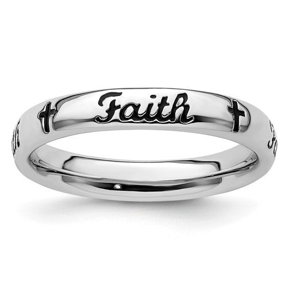 LS - Sterling Silver Stackable Expressions Black Enamel Faith Ring