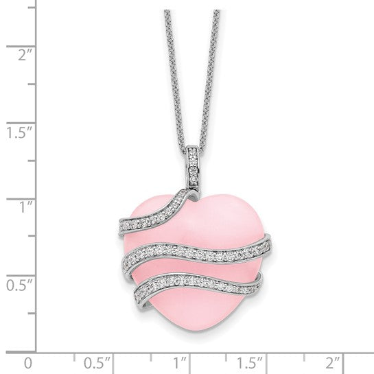 JF - Sterling Silver Rhodium-plated CZ and Pink Quartz Heart 18in Necklace with Magnetic Clasp