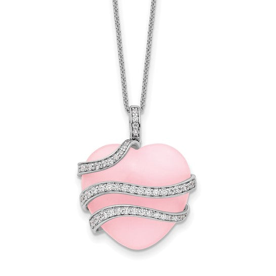 JF - Sterling Silver Rhodium-plated CZ and Pink Quartz Heart 18in Necklace with Magnetic Clasp