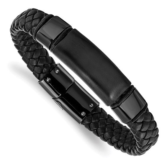 LS - Stainless Steel Brushed and Polished Black IP-plated Braided Black Leather 8.25 inch Bracelet