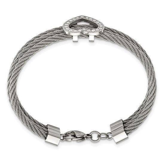 LS - Stainless Steel Polished wire with CZ Heart 7.5 inch Bracelet