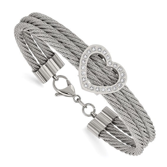 LS - Stainless Steel Polished wire with CZ Heart 7.5 inch Bracelet