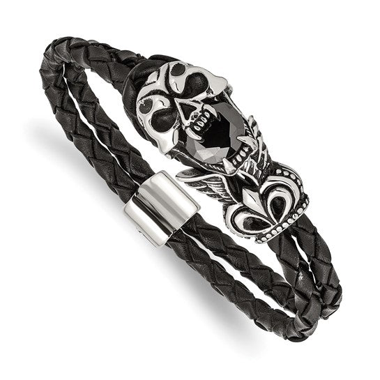 LS - Stainless Steel Polished and Enameled Skull with Black Glass 2 Strand Braided Black Leather 8.5 inch Bracelet