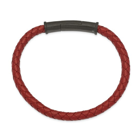 DS - Stainless Steel Brushed Black IP-plated Red Braided Leather 8.5 inch Bracelet