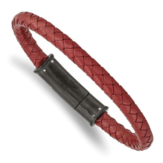 DS - Stainless Steel Brushed Black IP-plated Red Braided Leather 8.5 inch Bracelet