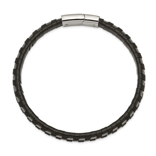 DS - Stainless Steel Polished Cable and Black Leather 8.75 inch Bracelet