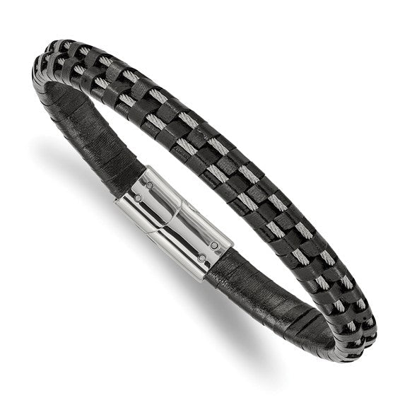 DS - Stainless Steel Polished Cable and Black Leather 8.75 inch Bracelet