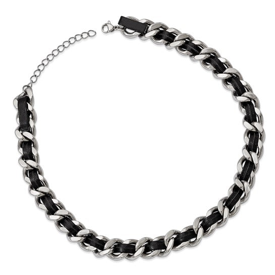 DS - Stainless Steel Polished Black Leather Curb 15in with 2in ext Necklace