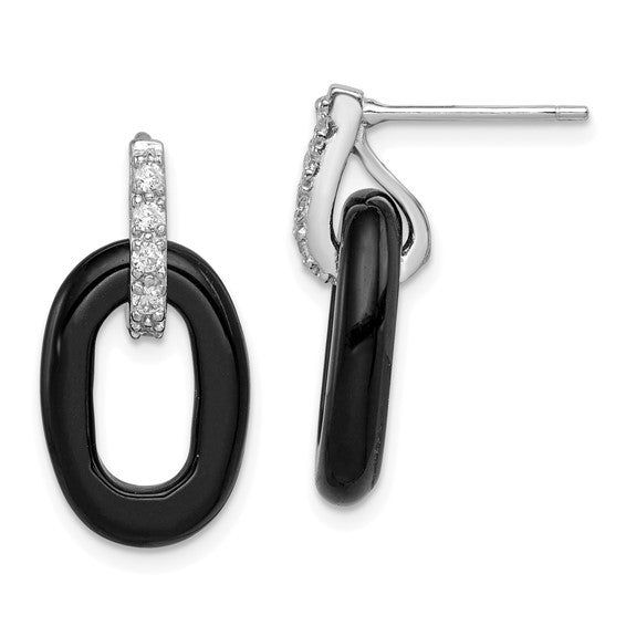 Jamy Jewelry - DS - Sterling Silver Rhod-plated Polished Onyx and CZ Oval Post Dangle Earrings