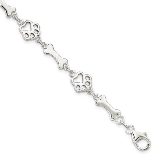 Jamy Jewelry - LS - Sterling Silver Dog Bones and Paws Bracelet 7.5 inch